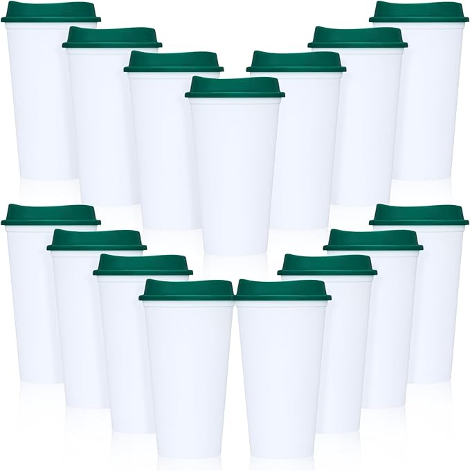 Domensi 15 Pack Reusable Coffee Cups with Lids 16 oz Disposable Travel Cups Bulk Plastic to Go Coffee Tumblers for DIY Hot Cold Drink Party Favors Coworker, Microwaveable (White with Green Lid)