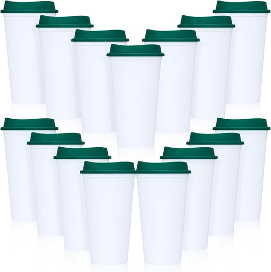 Domensi 15 Pack Reusable Coffee Cups with Lids 16 oz Disposable Travel Cups Bulk Plastic to Go Coffee Tumblers for DIY Hot Cold Drink Party Favors Coworker, Microwaveable (White with Green Lid)