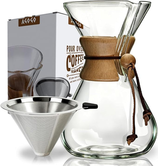 AGOGO Pour Over Coffee Maker Glass - 6/8/10 Cup Barista Kit with 304 Stainless Filter for Home, Office, Camping, Cafes - Easy Clean Coffee Dripper Set (Rag&Brush Included) (10 Cup/34oz)