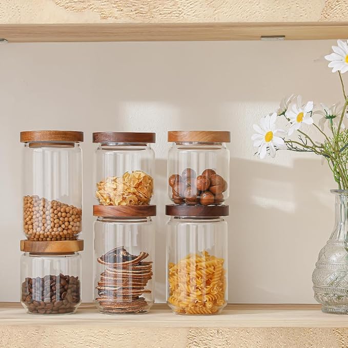 Glass Jars with Wood Lids 6 Pack with 112 Labels, 15 OZ Storage Food Canister for Coffee| Sugar| Snacks| Nuts