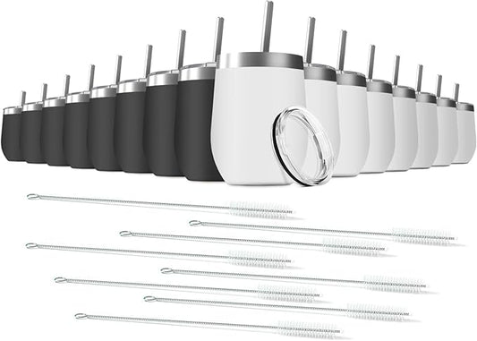 16 Pack 12oz Wine Tumbler with Lid With straw Stainless Steel Wine Tumbler Cups Double Wall Vacuum Insulated Travel Mugs Stemless Cup