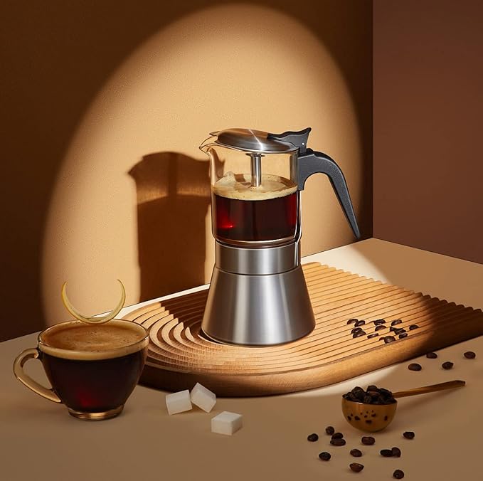 Moka Induction Stovetop Espresso Maker With Pressure valve,Crystal Glass-top & Stainless Steel Esprosso Moka Pot,240ml Classic Italian Coffee Maker