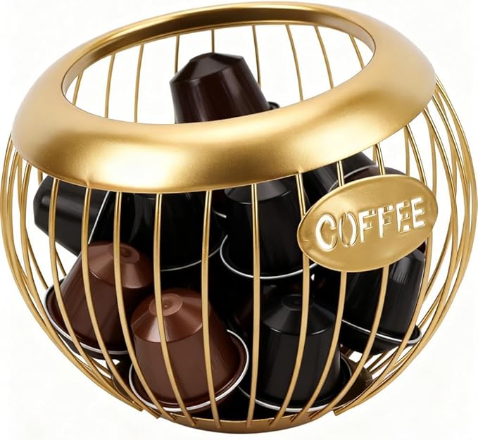 Coffee Pod Holder, Large Capacity Coffee Pod Organizer Iron Wire Basket Kcup Holder for Counter Home Kitchen Party Wedding Bar (Gold)