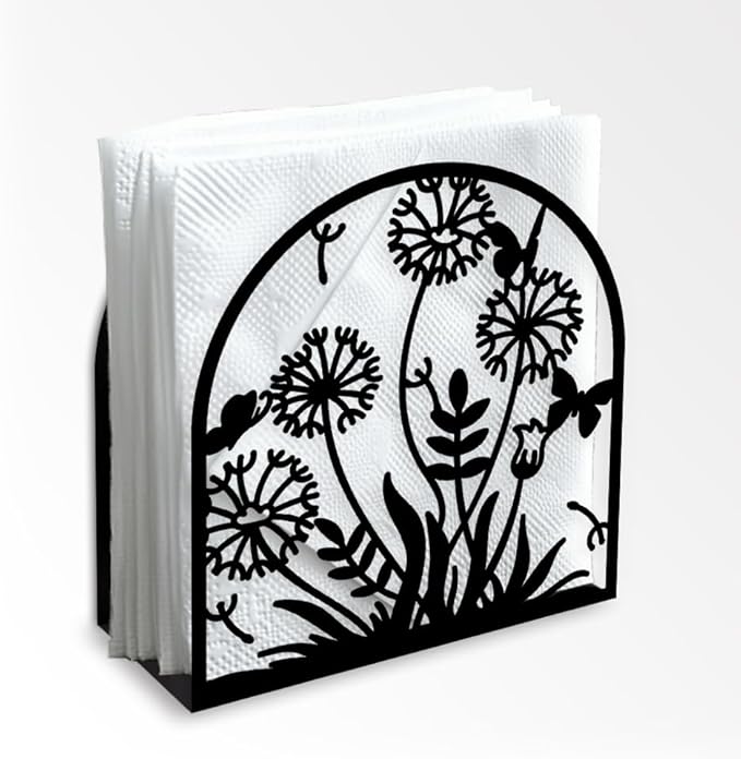 Dandelion Decorative Black Metal Napkin Holder for Table, 5.3" x 4.9" x 1.9" Grass Flower Standing Napkin Holder for Home Kitchen Restaurant Picnic Party Coffee Bar Dining Room