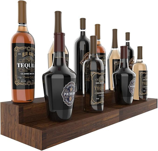tongmo 2 pack Liquor Bottle Stand - 2 Tier Liquor Bar Bottle Display Shelf, Holds 16Bottles, Real Wood, Easy to Clean, No Installation Required - 15.8 Inch each (Dark Walnut)