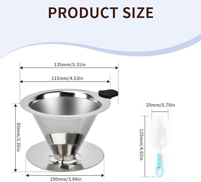Stainless Steel Pour Over Coffee Dripper, Reusable Fine Mesh Filter for 1-2 Cups, Paperless Coffee Maker for Home, Travel, Camping