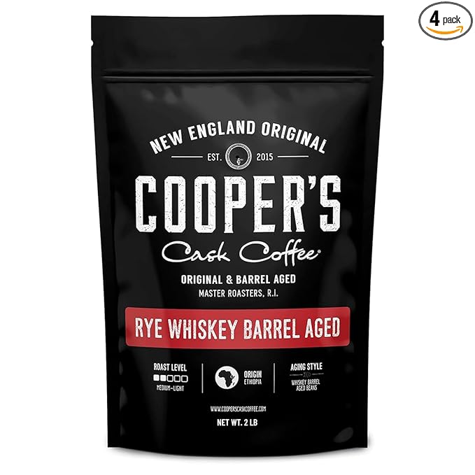 Rye Whiskey Barrel Aged Coffee, Single Origin Ethiopian Coffee Raw Beans Aged in Rye Whiskey Casks, Freshly Roasted, Battle Cry Whiskey, 2lb Bags, Whole Beans