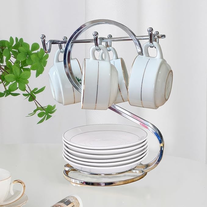 Coffee Mug Holder Metal,Mug TeaCups Holders Countertop,Coffee Mug Tea Cup Stand Storage Rack Tabletop Counter 6 Hooks(Silver)