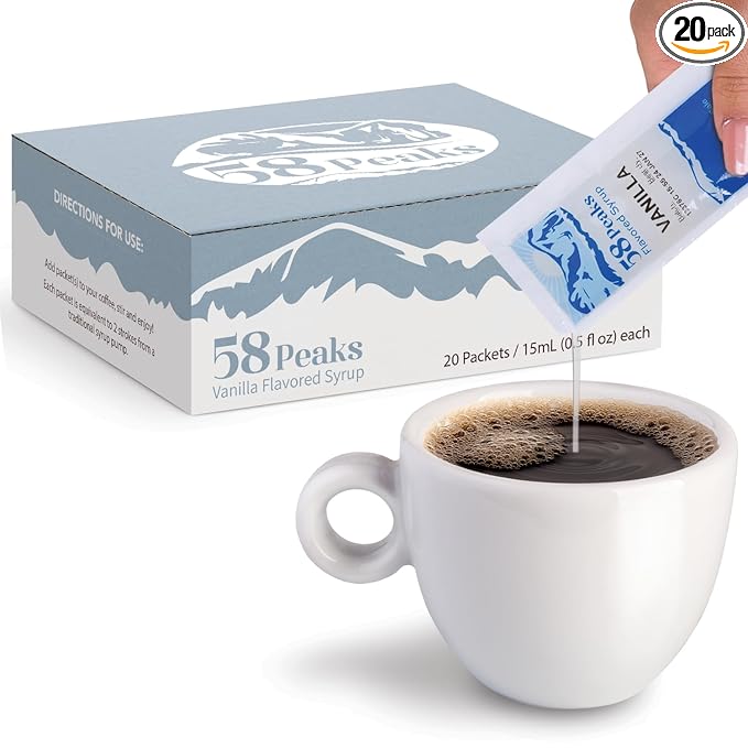 58Peaks Vanilla Flavored Syrup Sweetener Packets for Hot and Cold Drinks | To-Go Syrup Flavoring Perfect for Coffee, Tea, Milkshake and More | Flavored Coffee Syrups for Travel | 15mL | 20-Pack