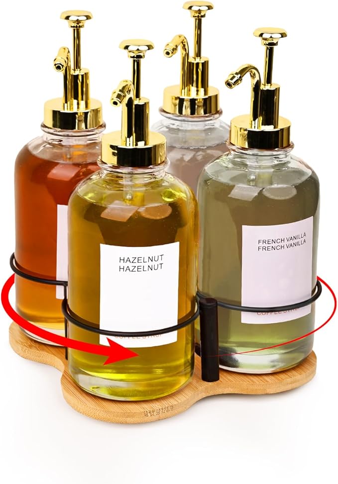 Rotating Coffee Syrup Organizer, Syrup Bottle Holder for Coffee Syrup Dispenser 16.9oz, Bamboo Coffee Syrup Rack for Coffee Bar Station Countertop, Coffee Bar Accessories(Syrup Rack Only)