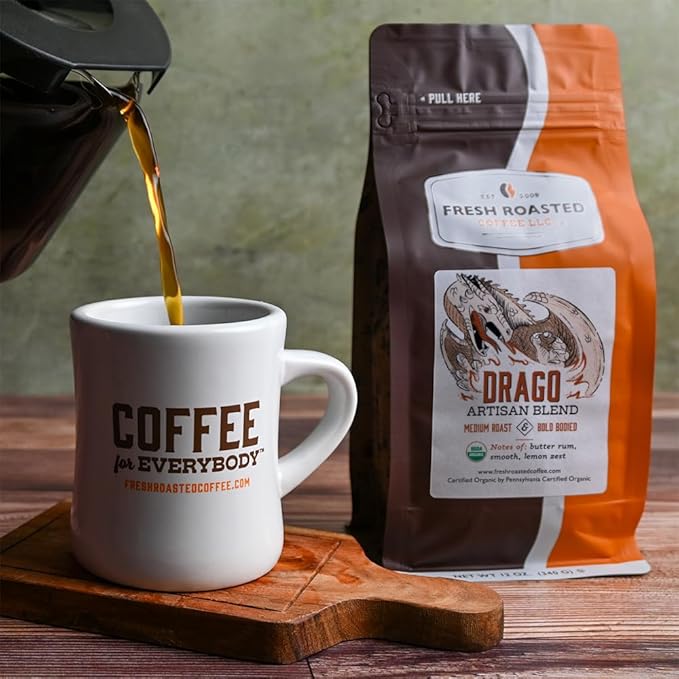 Fresh Roasted Coffee, Organic Drago Café Blend | USDA Organic, Kosher | Medium Roast 12 oz Ground