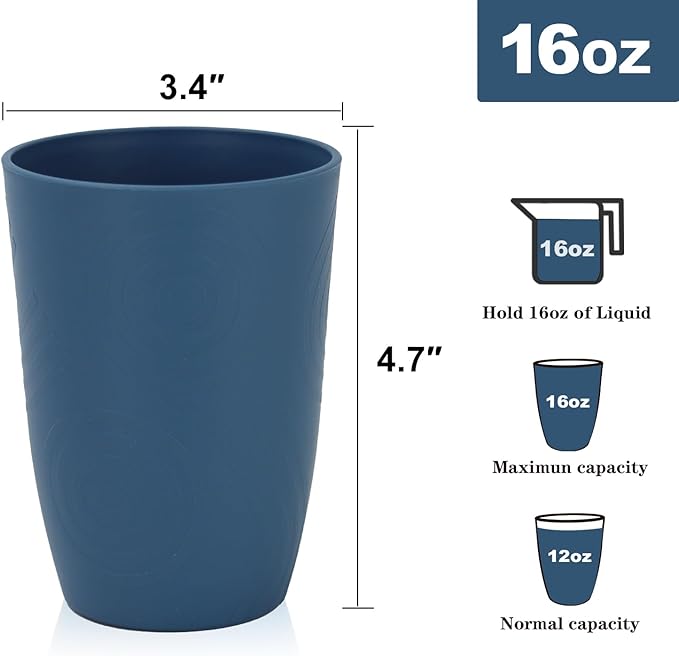 Wheat Straw Cups 6 PCS Plastic Cups Reusable Unbreakable Drinking Cup Dishwasher Safe Water Glasses with Unique Pattern (16 OZ)