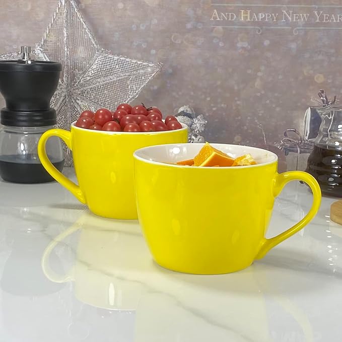 MECOWON 30 OZ Porcelain Coffee Mugs, Set of 2 Large Mugs for Soup, Cereal and Salad (Yellow)
