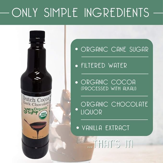 Joe’s Syrup Organic Flavored Syrup, Organic Dutch Cocoa Dark Chocolate Sauce, 750 ml (3 Pack)