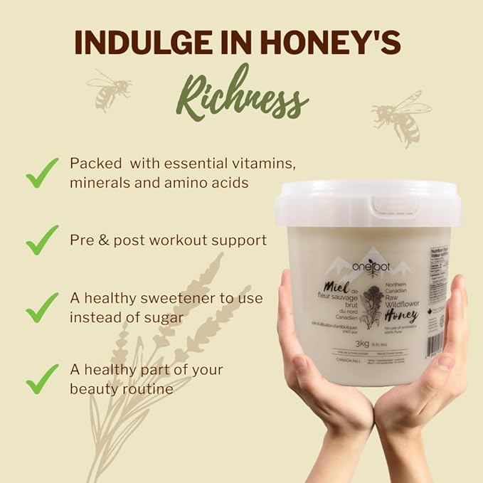 Oneroot 100% Canadian Wildflower Honey - 6.6 lbs, Unheated & Creamed - Nutrient-Rich, Natural Sweetener with Enzymes - Thick & Pure Raw Unfiltered Honey