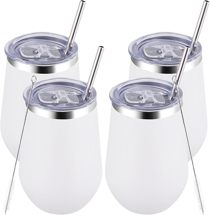 MEWAY Durable 12oz Stainless Steel Wine Tumbler with Lid and straw - Vacuum Insulated Coffee and Wine Cup for Travel, Parties, and Outdoor Events(White, Set of 4)