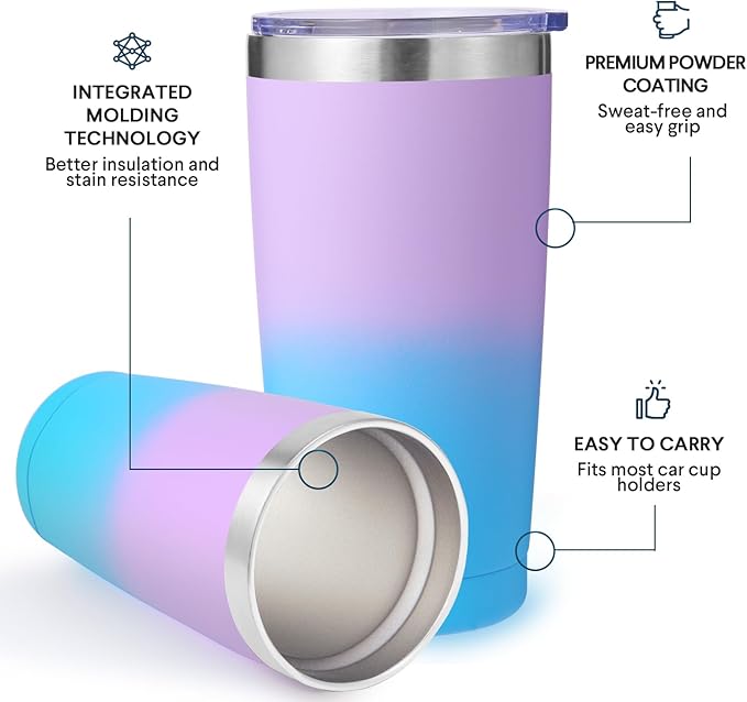 Volhoply 20oz Stainless Steel Tumbler with Lid and Straw,Double Wall Insulated Travel Iced Coffee Mug Fits Cup holder,Powder Coated Cups for Hot and Cold Drinks,Gifts for Women Men（lavender,1 Set）