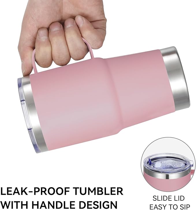 VEGOND 20 oz Tumbler with Handle Lid and Straw, Stainless Steel Insulated Travel Coffee Mug Spill Proof Double Wall Metal Tumbler Cup Keeps Drink Hot and Cold, Pink 1 Pack
