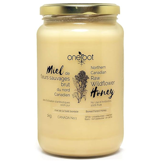 Oneroot 100% Canadian Wildflower Honey - 1kg / 2.2lbs, Unheated & Creamed - Nutrient-Rich, Natural Sweetener with Enzymes - Thick & Pure Raw Unfiltered Honey
