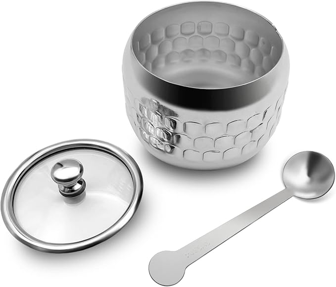 Stainless Steel Sugar Bowl Coffee Seasoning Jar Condiment Pot Spice Container Canister Cruet with Glass Lid and Spoon