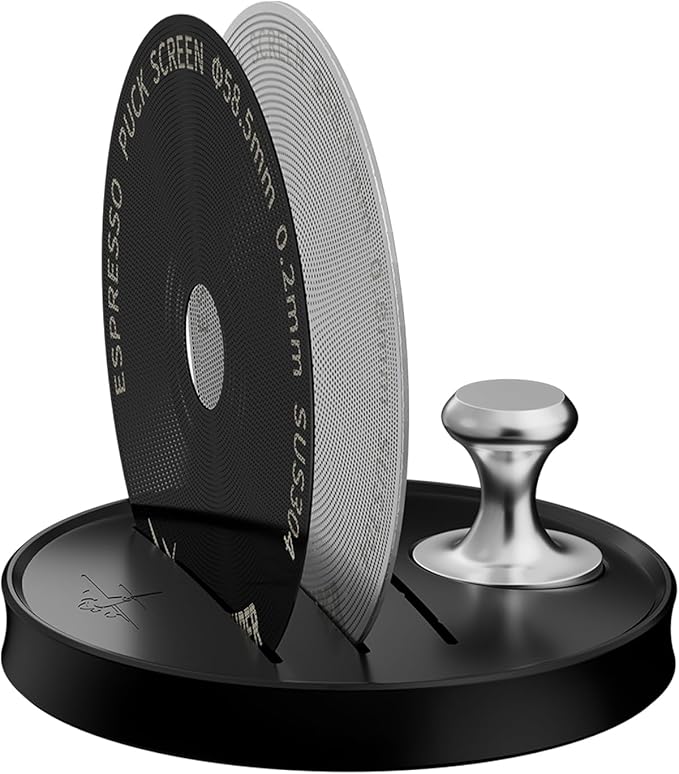 MHW-3BOMBER 58mm Espresso Puck Screen - 0.2mm Ultra Thin Espresso Puck with Round Hole - Metal Reusable Coffee Filter for Portafilter Basket 58mm - Puck Screen with Stand 3 Pack FG7054-OS