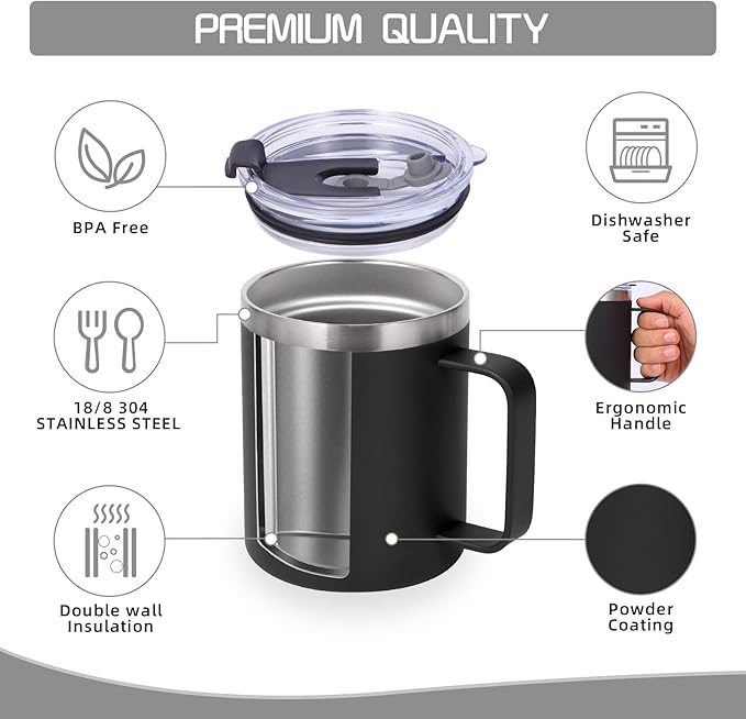 Volhoply 12oz Insulated Leakproof Coffee Mug with Flip & Straw Lid Bulk 2 Pack,Double Wall Vacuum Stainless Steel Travel Tumbler Cup with Handle,Reusable Camping Mugs Keep Cold/Hot(Black,2 Set)