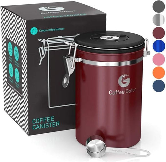 Coffee Gator Coffee Canister, 22oz Airtight Stainless Steel Kitchen Food Storage Container with Date Tracker, Valve, Scoop for Sugar, Grounds, Beans, Tea, Sugar, Cereal, Flour, Cookies Jars - Red