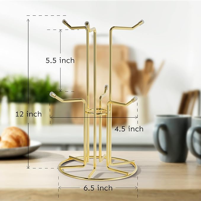 HULISEN Mug Holder for Large Cups, Mug Tree for Counter with 6 Hooks, Metal Coffee Mug Stand for Easy Pick, Place and Display, Coffee Bar Accessories and Decor, Free Standing Mug Rack, Gold