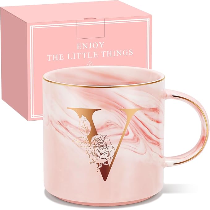 Personalized Gifts for Women Coffee Mug, Initial Customized Gift Monogrammed A-Z Coffee Mug 12 OZ, Christmas Anniversary Birthday Gifts for Women Mom Grandma Friend Sister Wife (V)