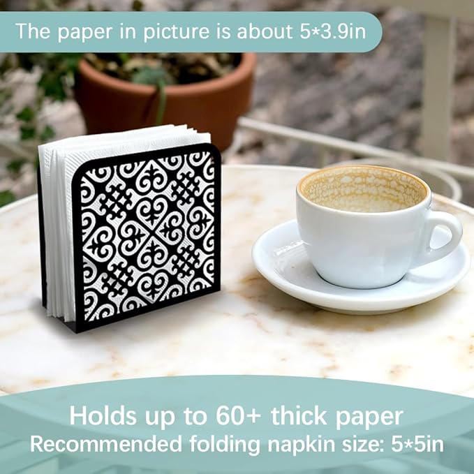 Retro Pattern Decorative Black Metal Napkin Holder for Table, 4.9" x 4.9" x 1.9" Standing Napkin Holder for Home Kitchen Restaurant Picnic Party Coffee Bar Dining Room