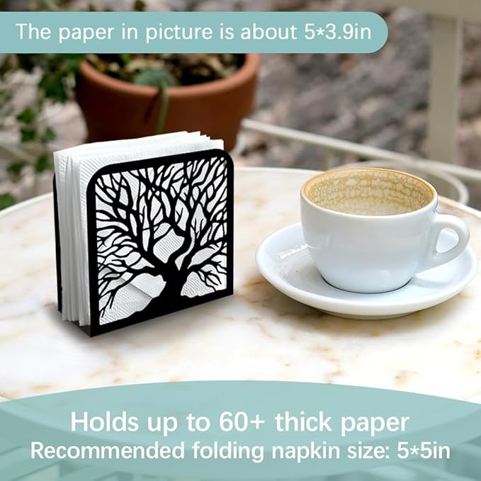 Tree Trunk Decorative Black Metal Napkin Holder for Table, 4.9" x 4.9" x 1.9" Standing Napkin Holder for Home Kitchen Restaurant Picnic Party Coffee Bar Dining Room
