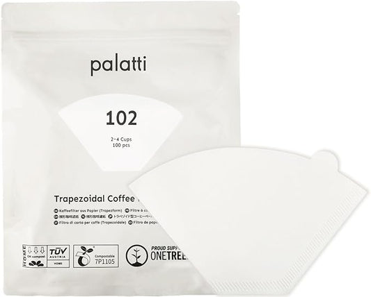 Palatti 102 Trapezoidal Cone Coffee Paper Filters (100 count) for #2, 1x2 and 102 Style in Size 2 Pour Over Makers and Drippers, with Reclosable Zip Bag as a Convenient Filter Holder