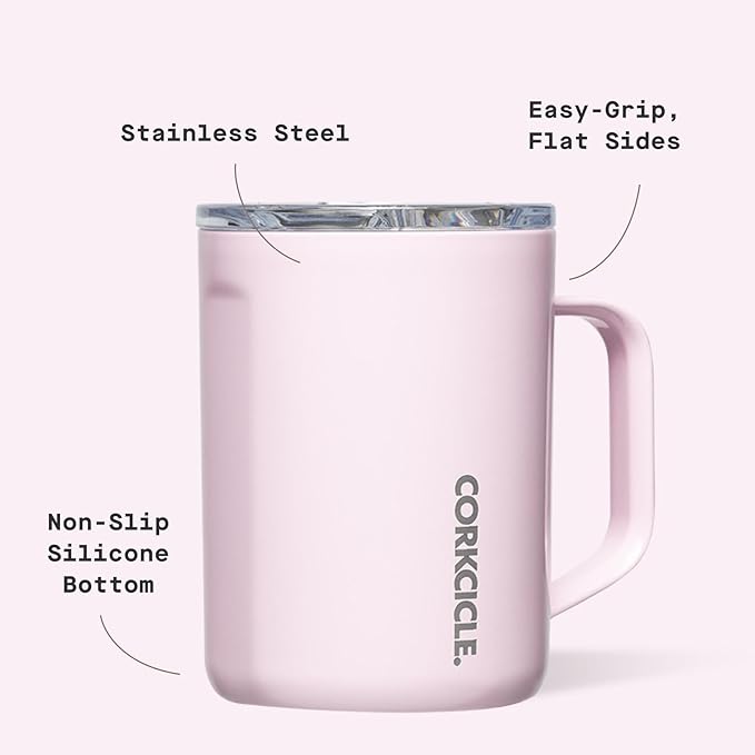 Corkcicle Classic Coffee Mug - Triple Insulated Stainless Steel for Travel - Shatter-Proof Lid - Keeps Drink Hot Over 3 Hours - Holiday Mug Gift - Great for Gifting Warmth - 16 oz - Powder Puff