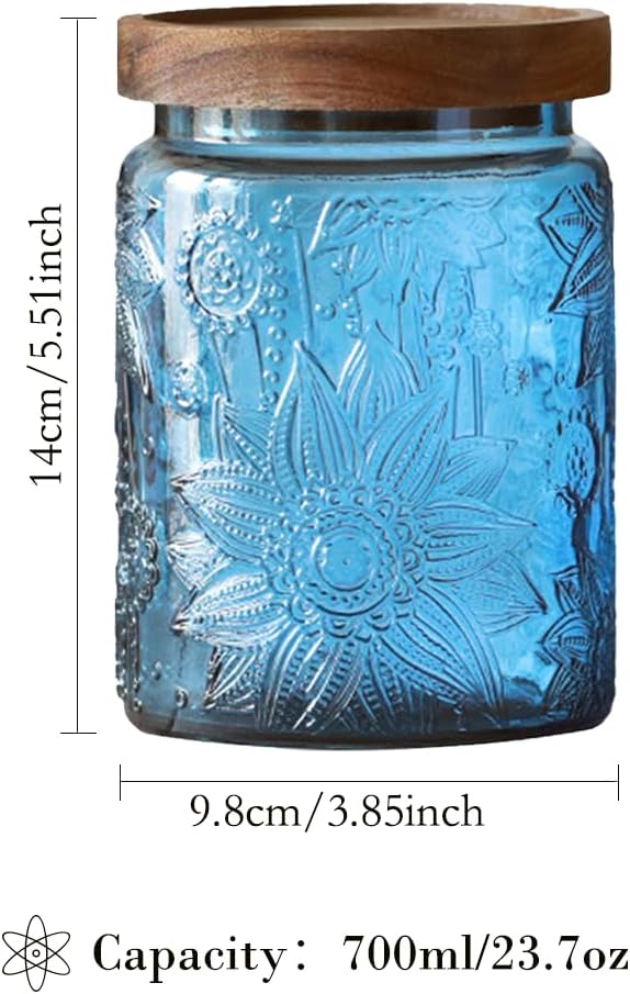 Set of 2 Vintage Blue Glass Storage Jars, 23.7 oz Mason Jars with Lids for Kitchen Pantry, Candy, Flour, Coffee, Pet Food, Decorative Kitchen & Home Decor (Blue, 2 Pack)