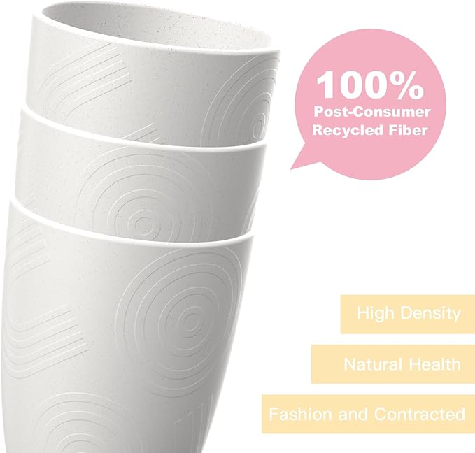 Homienly Drinking Cups 12 OZ Wheat Straw Cup Sets of 6 Reusable Water Drinking Glasses Dishwasher Safe Water Glasses Lightweight Tumbler for Kitchen - White