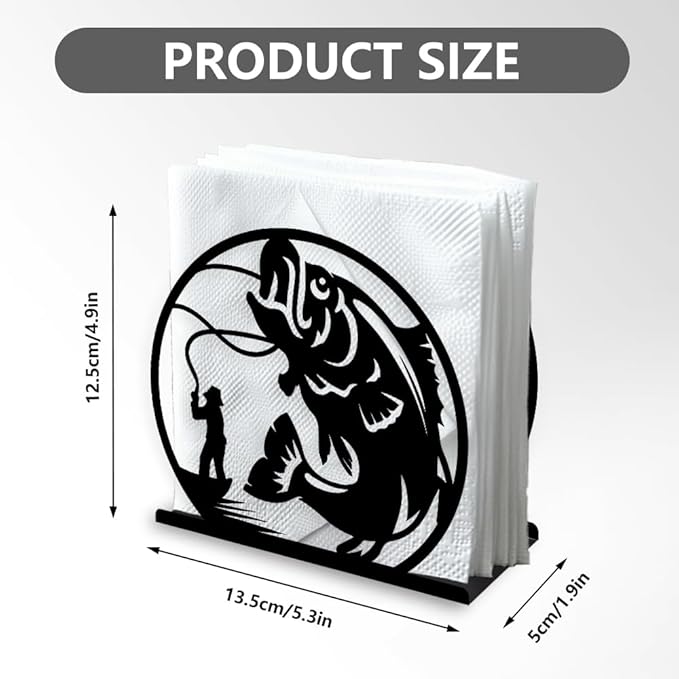 Fishing Decorative Black Metal Napkin Holder for Table, 5.3" x 4.9" x 1.9" Fisherman Fish Standing Napkin Holder for Home Kitchen Restaurant Picnic Party Coffee Bar Dining Room