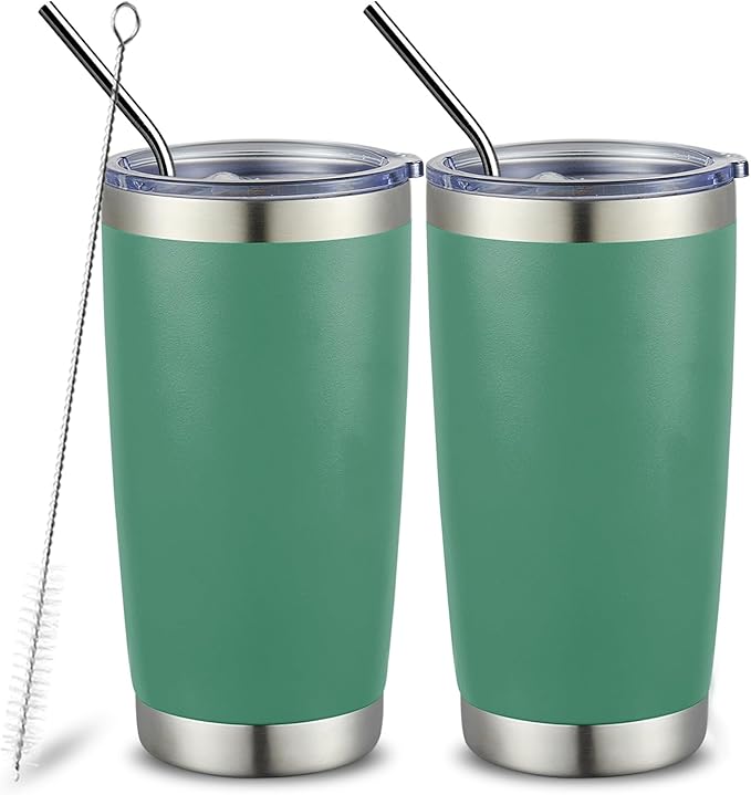 COMOOO 20oz Tumbler Bulk Double Wall Vacuum Insulated Travel Mug, Stainless Steel Tumbler with Lid and Straw Durable Powder Coated Insulated Coffee Cup for Cold & Hot Drinks (Dark Green, 2 pack