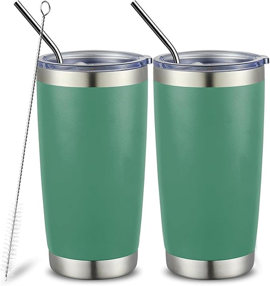 COMOOO 20oz Tumbler Bulk Double Wall Vacuum Insulated Travel Mug, Stainless Steel Tumbler with Lid and Straw Durable Powder Coated Insulated Coffee Cup for Cold & Hot Drinks (Dark Green, 2 pack