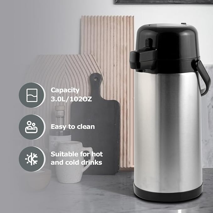 Airpot Coffee Dispenser with Pump,102 OZ/ 3L Large Coffee Dispenser with Tea Filter for Party Hot Drinks Water Tea Chocolate Hot/Cold Water, Insulated Stainless Steel Thermal Carafes