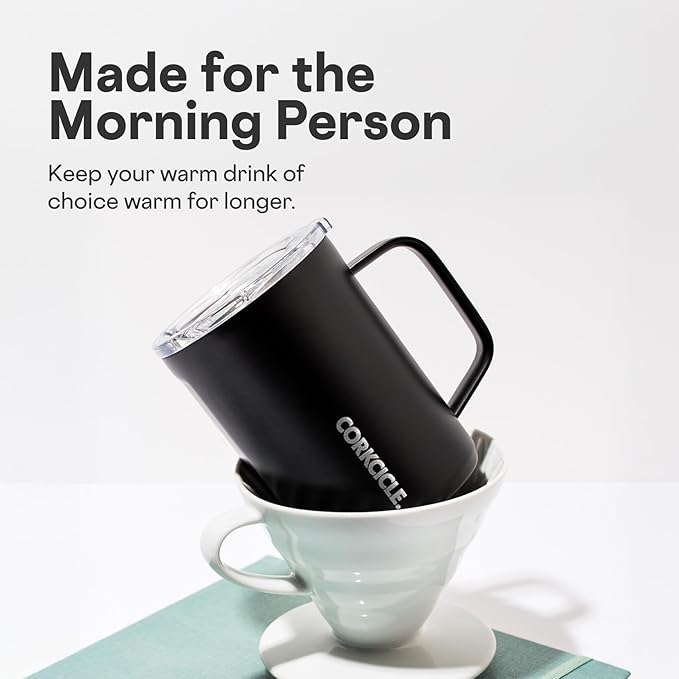 Corkcicle Classic Coffee Mug - Triple Insulated Stainless Steel for Travel - Shatter-Proof Lid - Easy Grip - Keeps Drink Hot Over 3 Hours - Holiday Mug Gift - Great for Gifting Warmth - 16 oz - Black