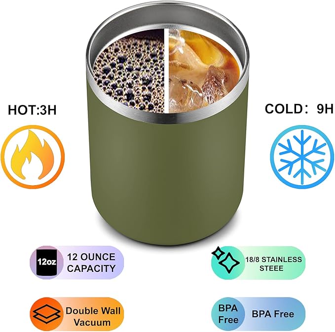MEWAY 12 oz Lowball, Tumbler Stainless Steel Double Wall Vacuum Insulated Mug with Straw and Lid, Cleaning Brush ，Durable Powder Coated Insulated Coffee Cup for Cold & Hot Drinks (Army Green,1 Pack)