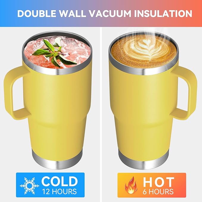 VEGOND 20 oz Tumbler Bulk with Handle Lid and Straw, Stainless Steel Insulated Travel Coffee Mug Set, Spill Proof Double Wall Metal Tumblers Cups, Yellow 6 Pack