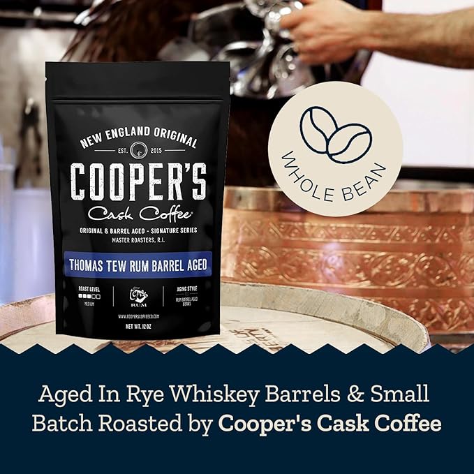 Rum Barrel Aged Coffee, Single-Origin Rwandan Beans Aged in Rum Barrels, Medium Roast Whole Bean, 12 oz