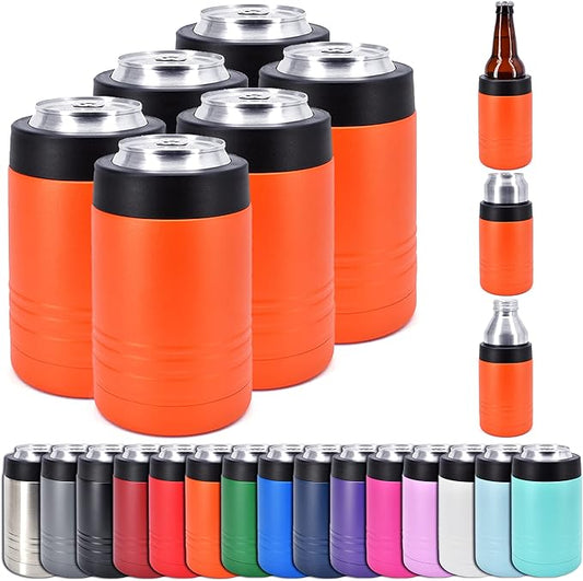 Clear Water Home Goods - 12 oz Stainless Steel Double Wall Vacuum Insulated Can or Bottle Beverage Cooler - Powder Coated Orange - 6 Pack