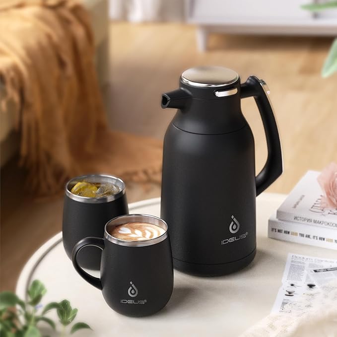 IDEUS Thermal Coffee Carafe 68oz (2,000ml), Stainless Steel Double Wall Insulated Vacuum Flask, Water Jug Coffee Server and Beverage Dispenser, Heat and Cold Retention (Black-Silver, 68oz (2,000ml))