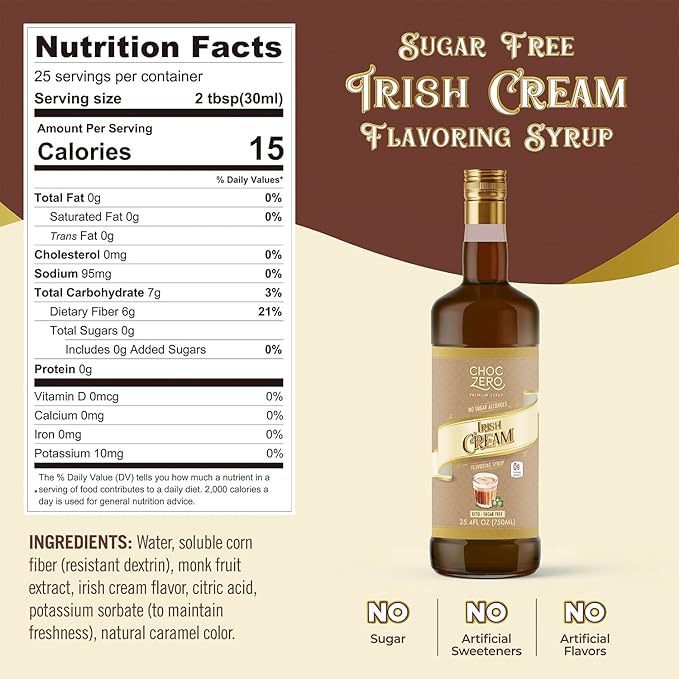ChocZero Sugar Free Coffee Syrup, Irish Cream Flavor, Simple Syrup Drink Mix, Mudslide Cocktails, Protein Shakes & Baking, Gluten Free, All Natural, 25.4 Ounces (Pack of 1)