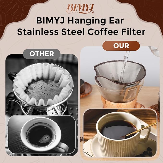 Stainless Steel Pour Over Coffee Filter Reusable - Foldable Metal Coffee Filter with Hanging Ears, Compatible with Chemex & Glass Coffee Drippers (6-10 Cups, Silver)