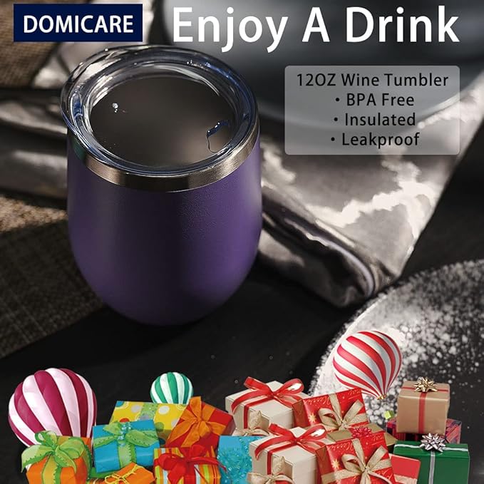 DOMICARE Stainless Steel Wine Tumbler Bulk with Lid, Personalized Insulated Tumblers Set, 12oz Travel Coffee Cups Pack of 16, Purple