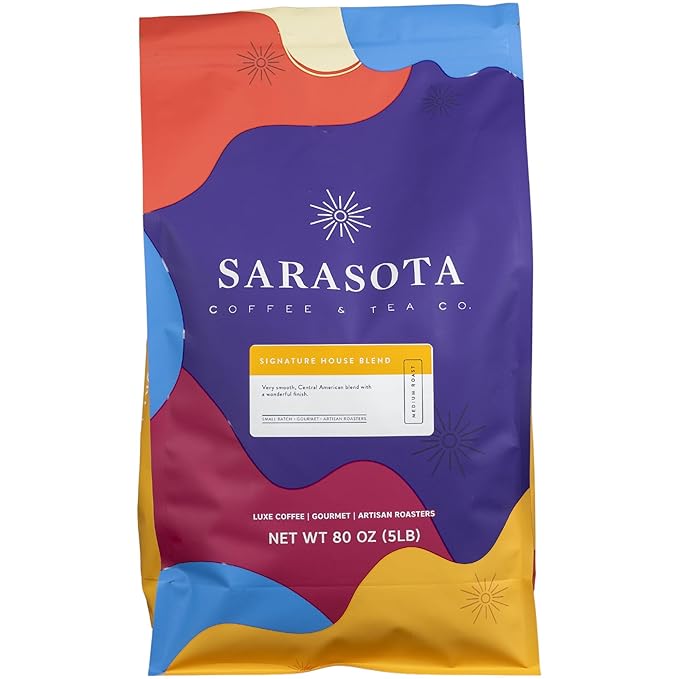 Sarasota Coffee Whole Bean Signature House Breakfast Blend | Medium Roast Gourmet Coffee Beans | Low Acid, Mold Free, Specialty Grade Bulk Beans | 5lb (80 oz)