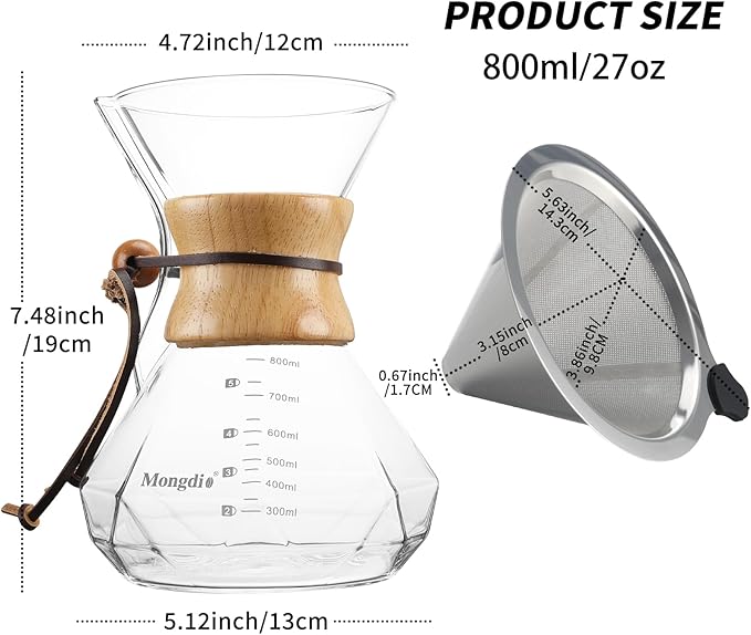 Mongdio 27 Oz Pour Over Coffee Maker with Stainless Steel Filter and Wooden Collar Holder, Borosilicate Glass Coffee Maker for Camping Home, 800ML/27OZ, Clear